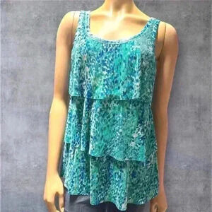 Yves Women's Sleeveless Tiered Tank Top - Blue & Green Abstract Print size M